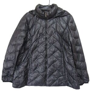 London Fog Puffer Jacket Womens XL Black Good Quilted Hooded Down Blend Coat